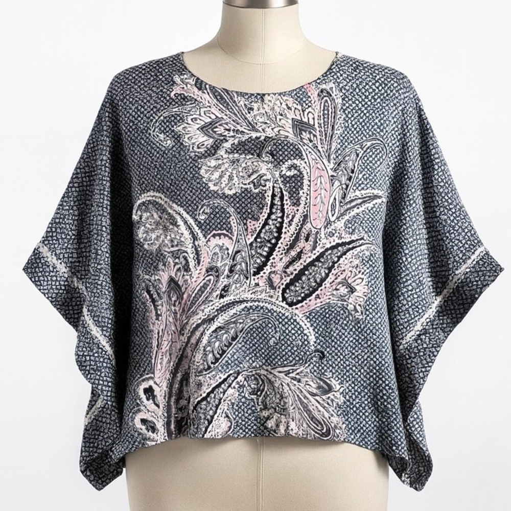 Bob Mackie Wearable Art Kaftan Blouse Kimono Medium Pink Paisley Poncho Top Boho
